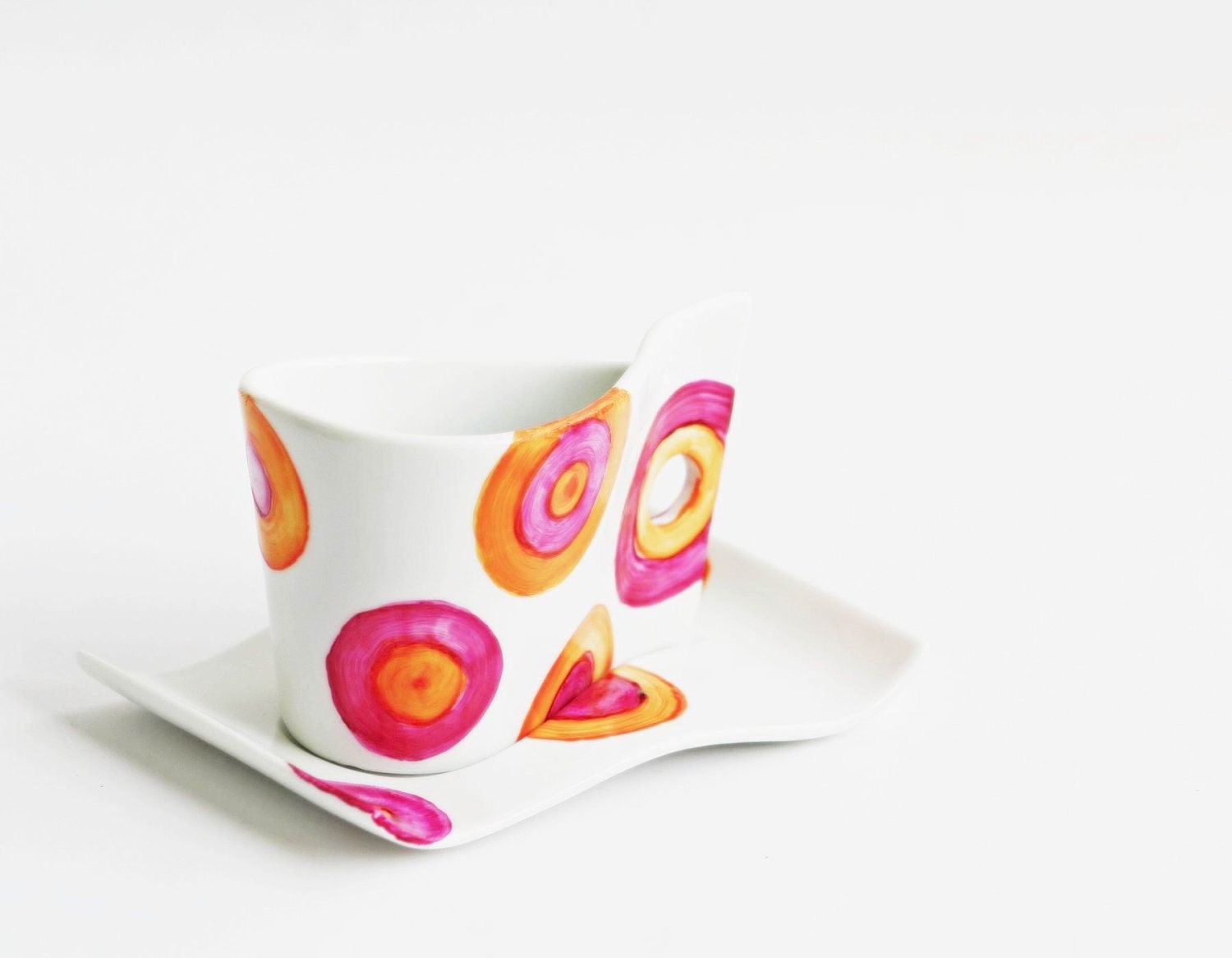 Hot Orange Pink Polka Dots Tea Coffee Ceramic Cup Hand Painted circles