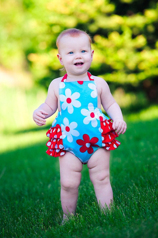 Daisy Rufflebuns Baby or Toddler Romper in aqua and red