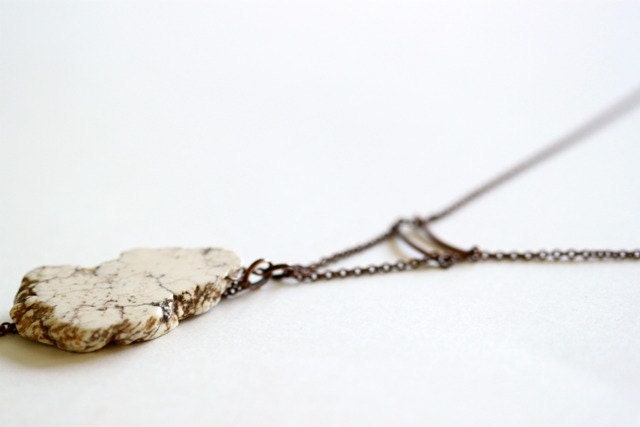 NATURAL- Raw white turquoise stone Necklace- antiqued copper chain, copper brass tubes