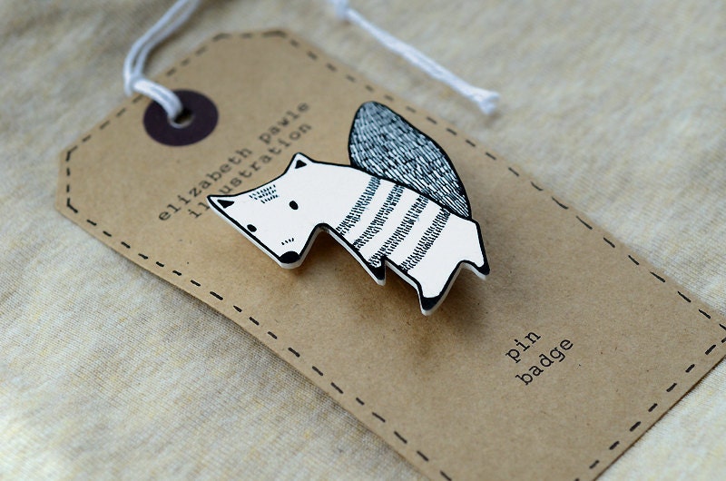 friendly autumn squirrel brooch - by elizabeth pawle - modern design - hand drawn hand cut - black and white illustration pin badge