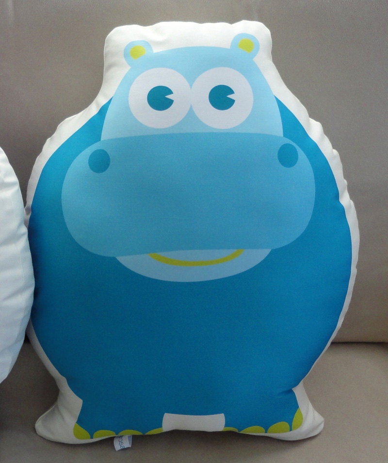Extra Large Organic Hippo Pillow, blue aqua plush