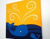 Swimming Whales Fabric Canvas Wall Art - Modern baby nursery kids - bright navy blue golden yellow