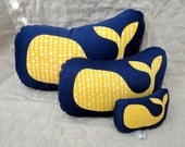 Organic Whale Pillow - navy blue, ocean, yellow, gold, modern lumbar, cotton