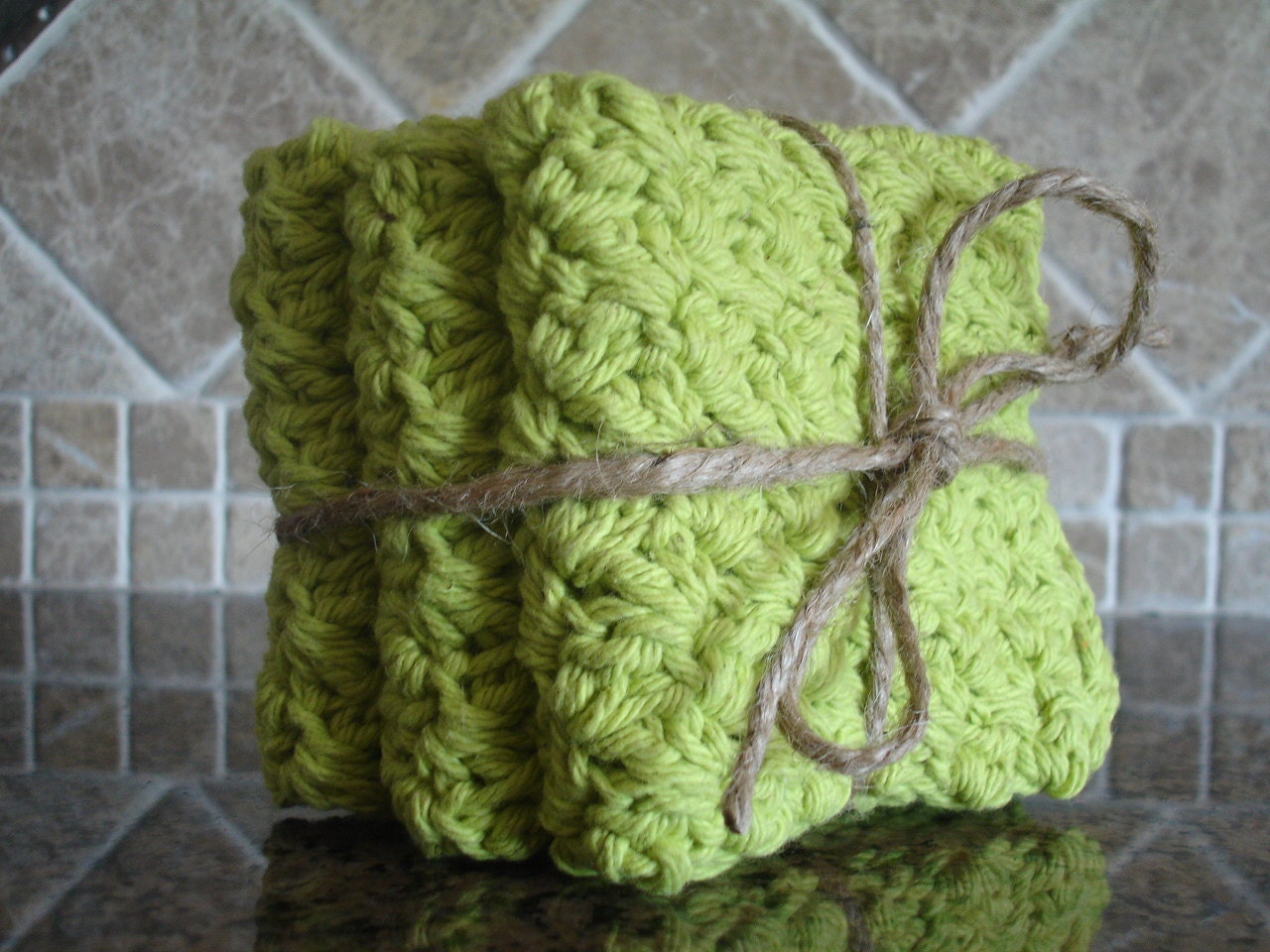 Dish Cloth - 100% Cotton Crochet Wash Cloth - Green Crochet