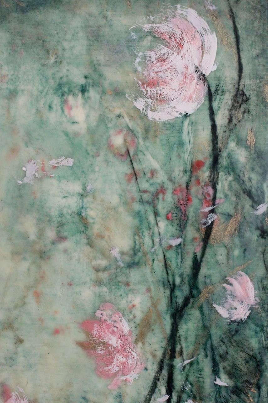 Painting  Encaustic Beeswax Painting When we Met 20 x 20   Swalla Studio