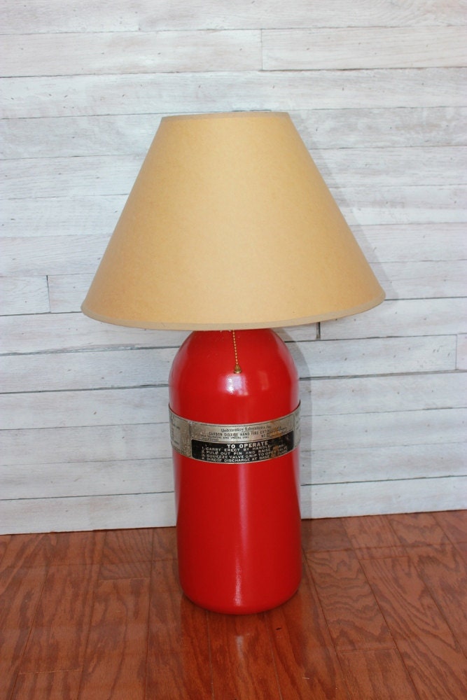 Table Lamp: Reclaimed Upcycled Fire Extinguisher with original aluminum band with instructions