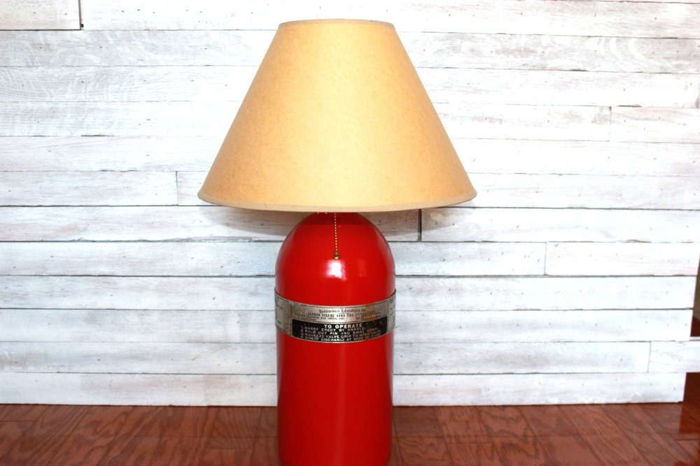 Table Lamp: Reclaimed Upcycled Fire Extinguisher with original aluminum band with instructions