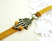 Indira Hamsa, Handmade Mustard Leather Bracelet With Fatima Hand