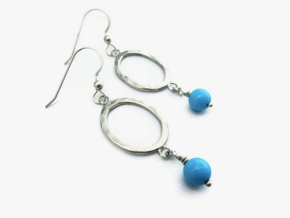 hammered sterling silver and sleeping beauty turquoise earrings