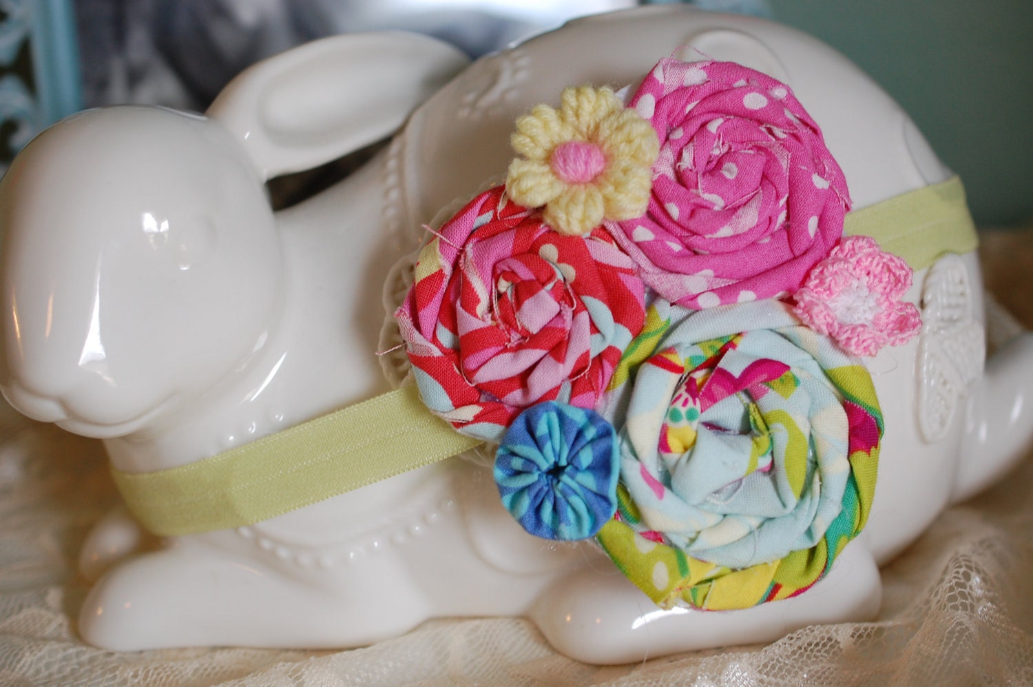 Spring pink, red, and blue rosette and yoyo headband