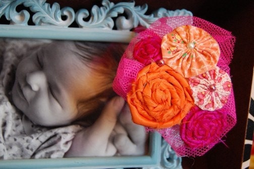 Reserve for DebbieStone-Hot Pink and Orange Rosette and Yoyo headband