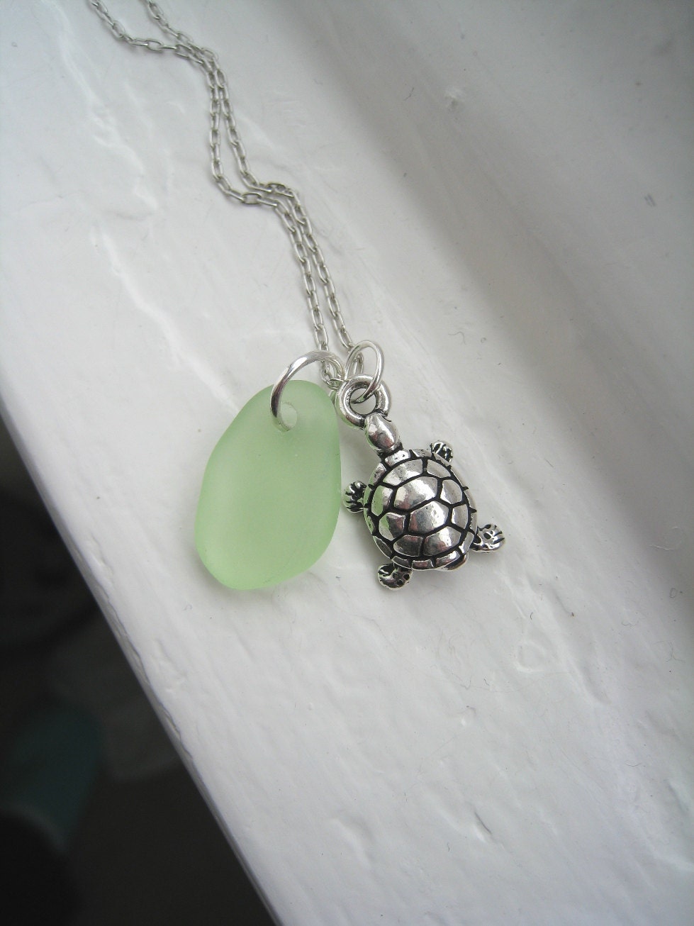 Sea Glass Necklace. Turtle Charm. Green Beach Glass