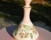 Decanter Mid Century Genie Bottle Style in Soft Pink and Creme with Floral Details