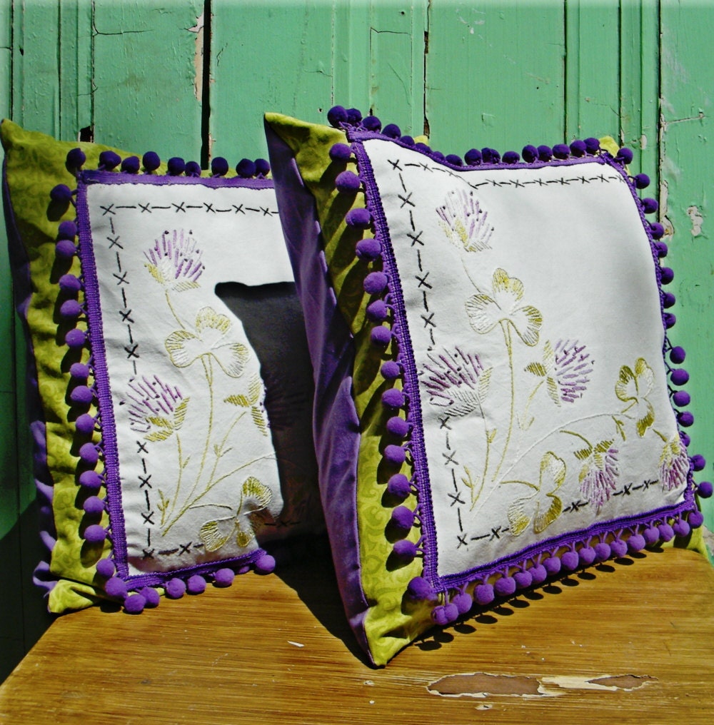 Throw Pillow Covers Upcycled Vintage Clover Embroidery with Pom Pom Trim Green Purple