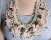 Bib Collar Statement Beaded Romantic Crocheted Necklace with New Jade and Leopard Skin Jasper