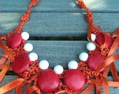 Bib Beaded Statement Crocheted Ribbon Necklace with White Shell and Coral Howlite-The Tangerine Twist