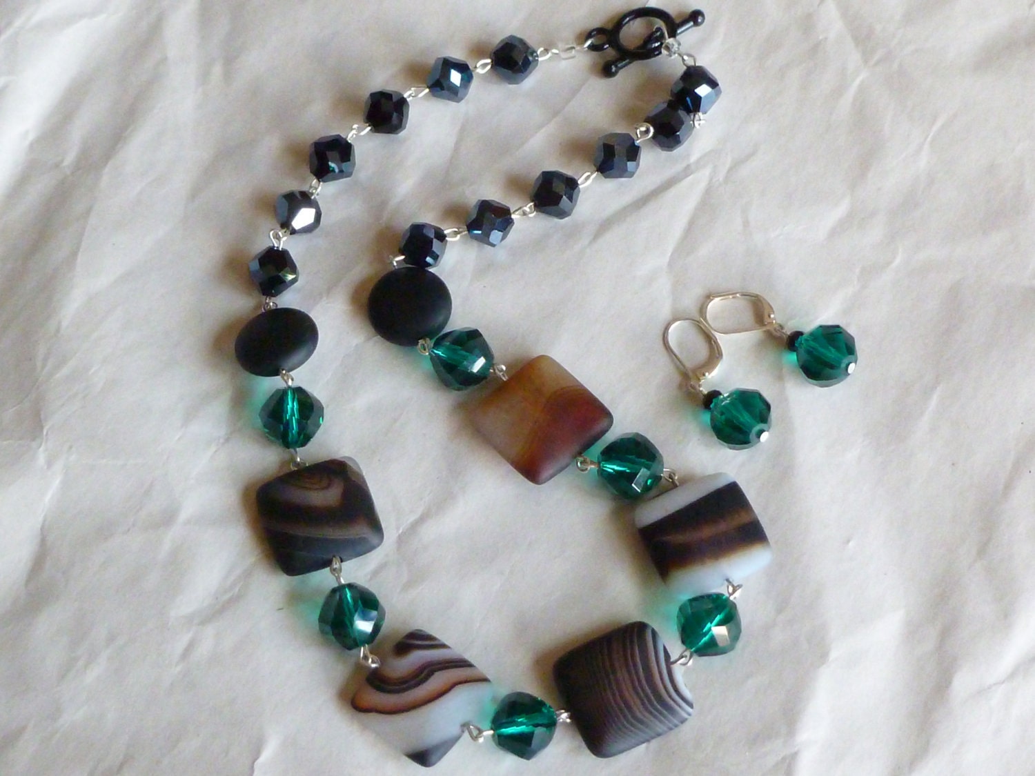 Matte Agate, Teal, Black Metallic Glass Jewelry Set