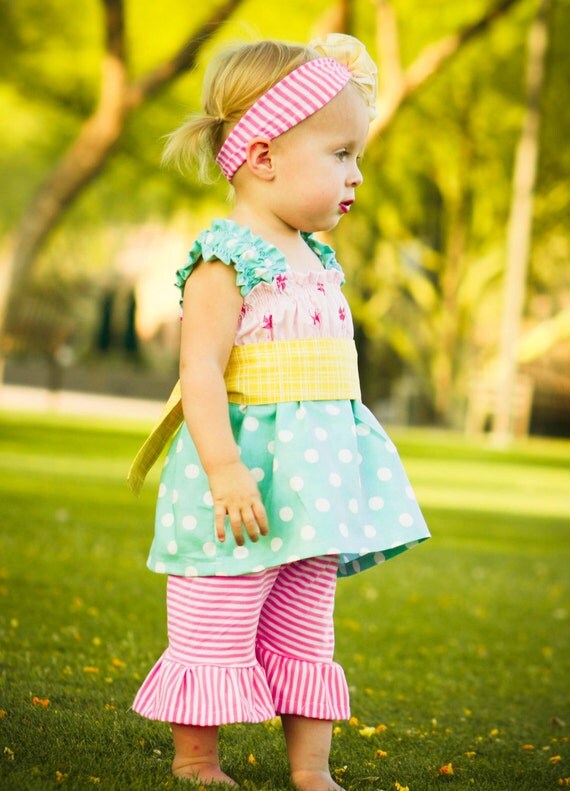 Pink Candy Stripe ruffle capri. 6mo to 6yrs