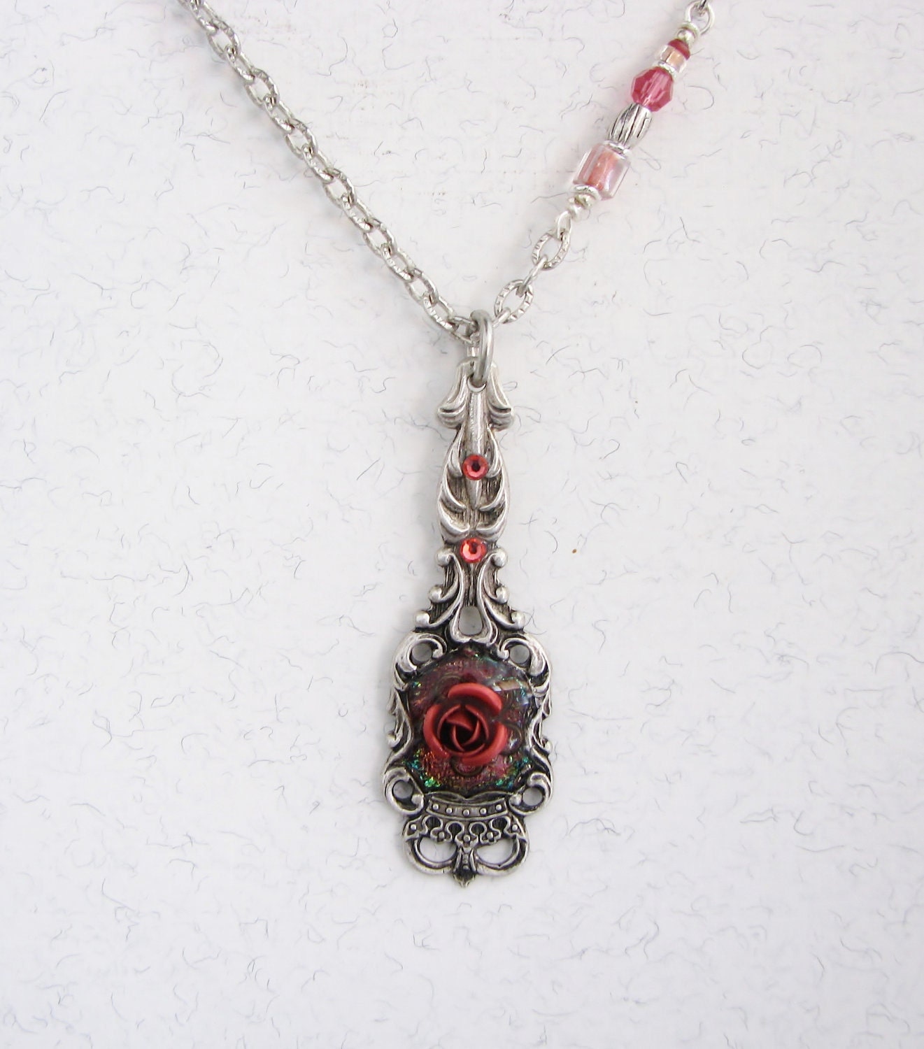 Spoon Necklace, Spoon Pendant, Crown, Red Rose, Dichroic Background, Coral Crystals, Ooak
