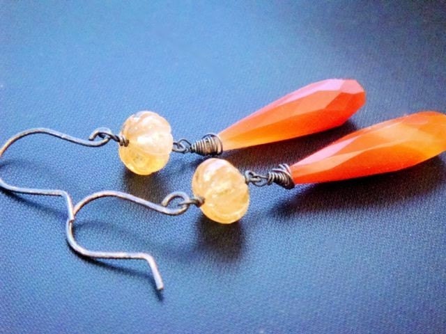 Pumpkin-Persimmon Earrings- Citrine, Orange Chalcedony, Oxidized Sterling Silver
