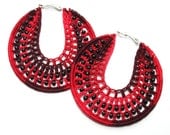 Crochet Hoop Earrings, Silver Plated Drop Earrings, Boho Womans Accessory, Beaded, Red and Burgundy