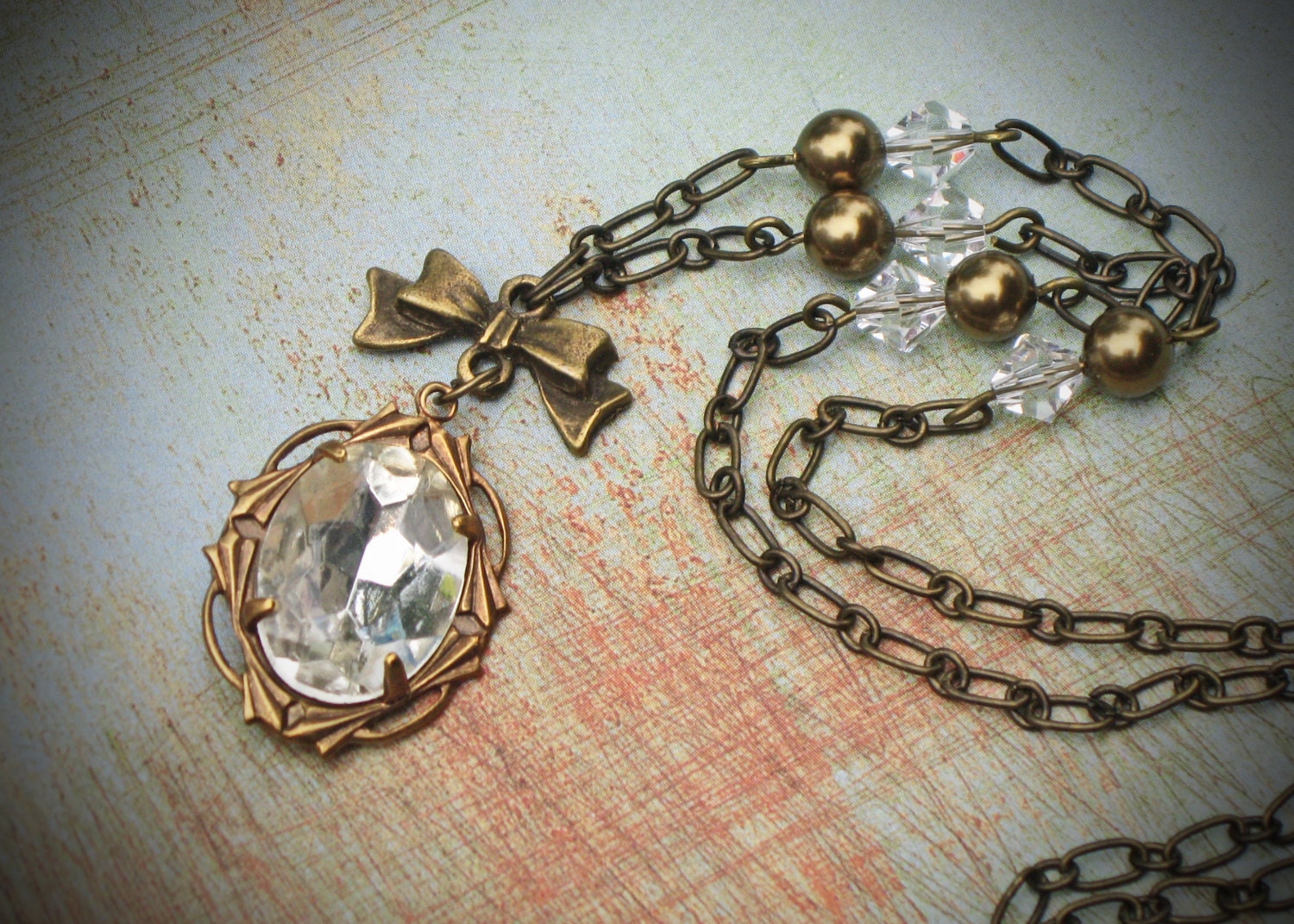 Vintage Rhinestone Necklace, Edwardian Jewelry, Antiqued Brass, Crystal