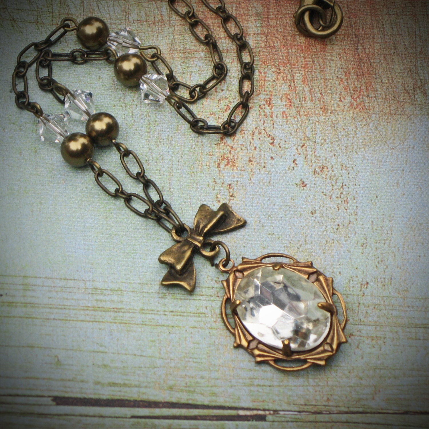 Vintage Rhinestone Necklace, Edwardian Jewelry, Antiqued Brass, Crystal