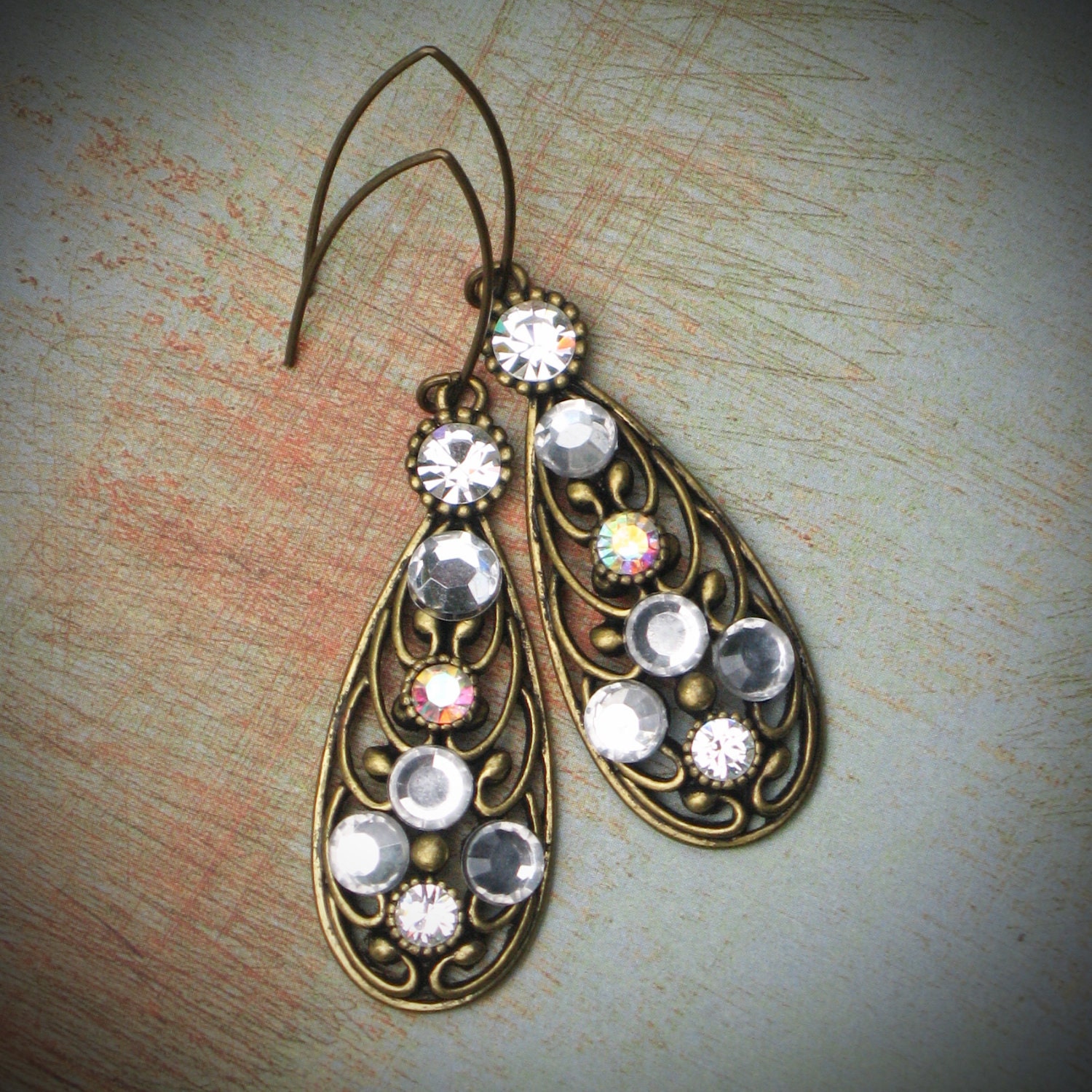 Vintage Earrings, Bride, Wedding, Antiqued Brass, Crystal Bridal Earrings, Jewelry by rewelliott on Etsy