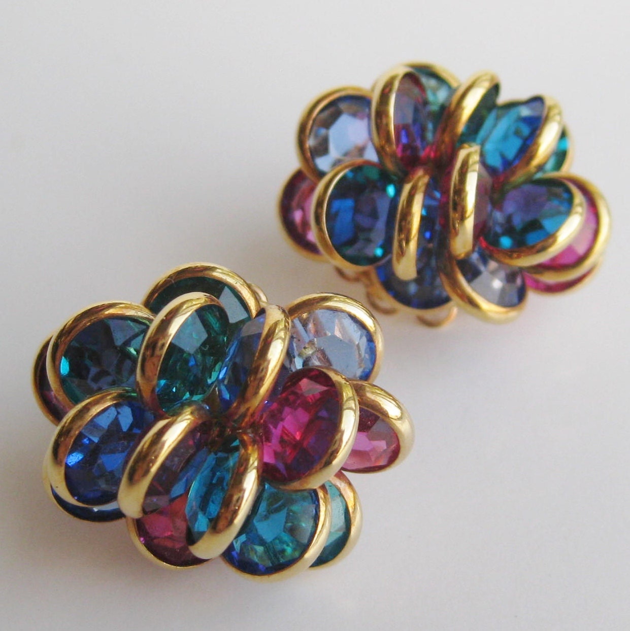 Vintage 80s Gold Jeweled Swarovski Bezel Set Crystal Earrings