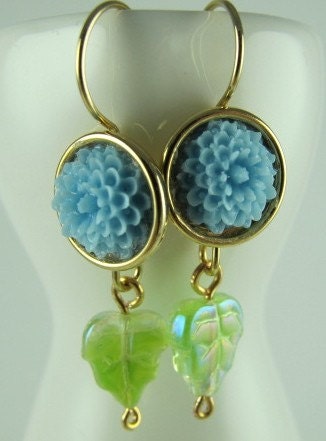 Earrings, Dangling, Under Ten Dollars, Pale Green Leaves, Robin Blue Resin Mums, Bezel Set, Gold Plated Bezel and Earhooks