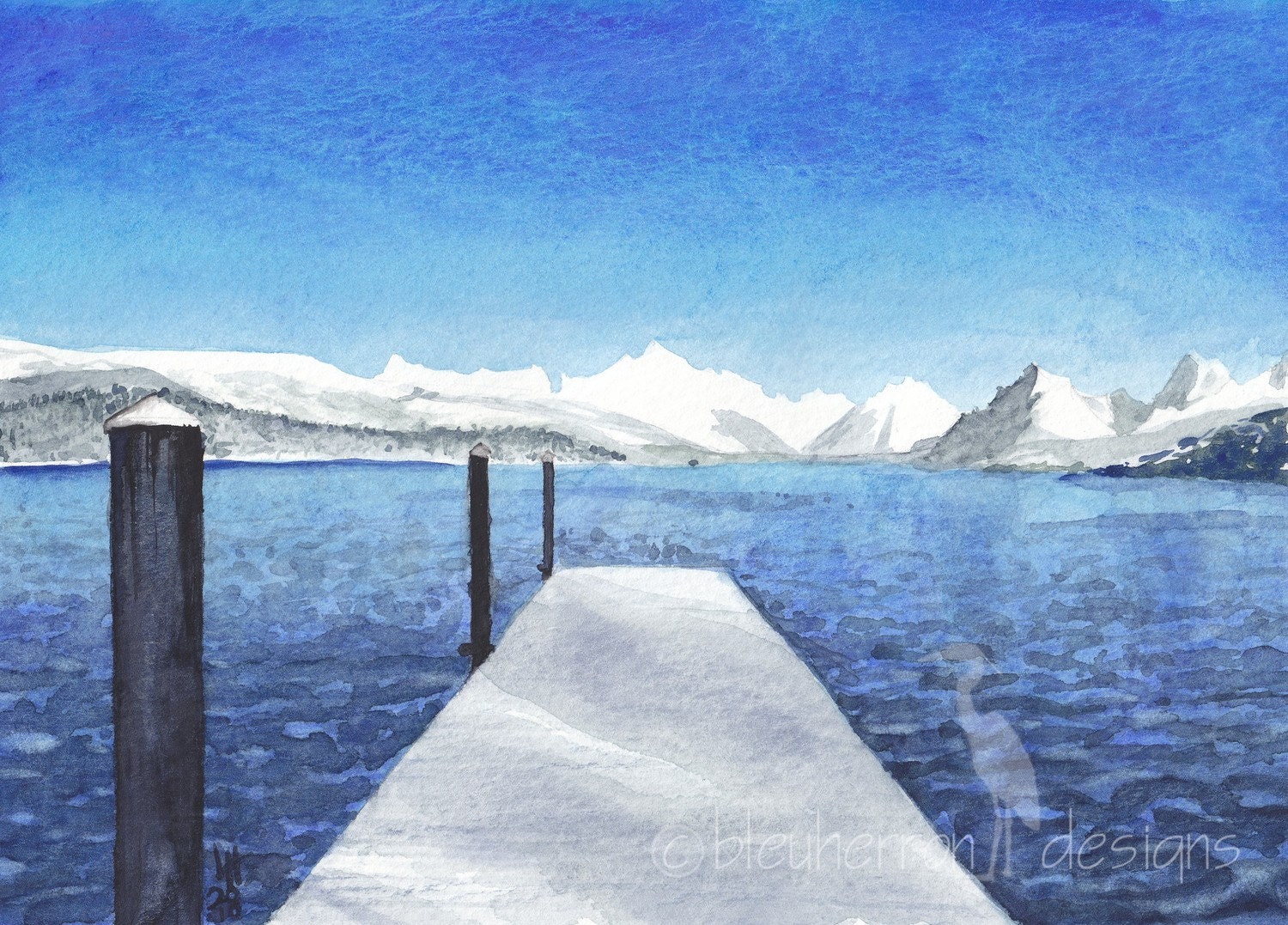 snow painting - Winter Mountains - 5x7 watercolor print