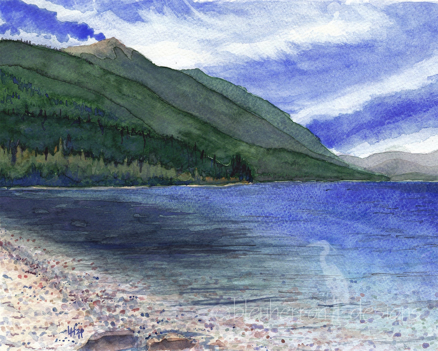mountain landscape - Glacier Lakeshore - 8x10 watercolor print