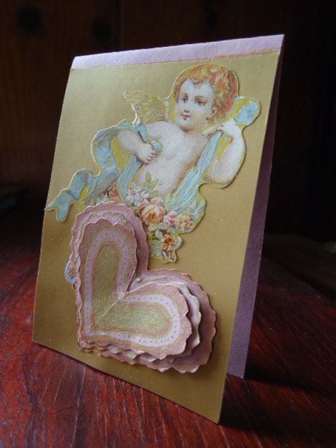 Cherubic - Original 3D Art Card Valentine Cupid Antique Gold Pink Classic OOAK Upcycled LOVE