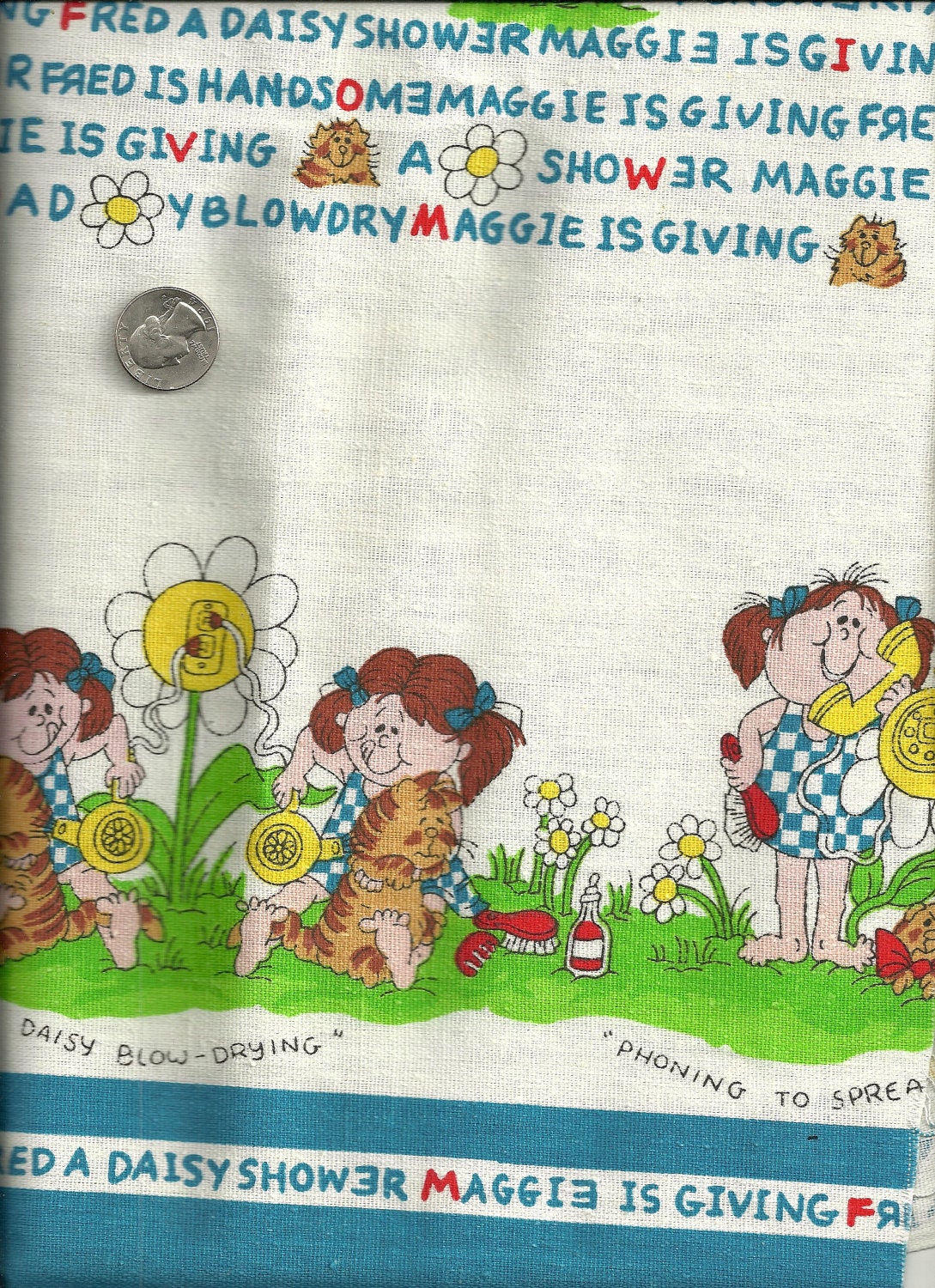 Vintage Cotton Canvas Border Print Cute, Cat, Daisy 3 Yards X0070