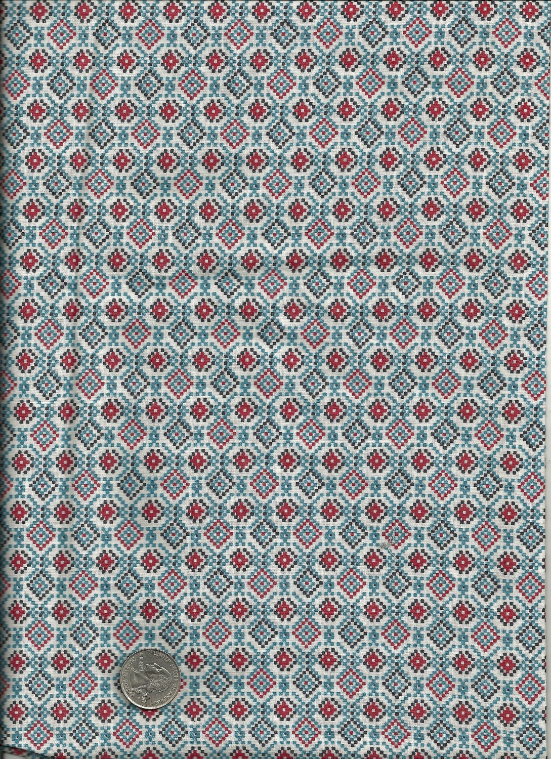 Vintage Geometric Fabric Red Blue and White 3 3/4 Yard 100% Cotton X0138