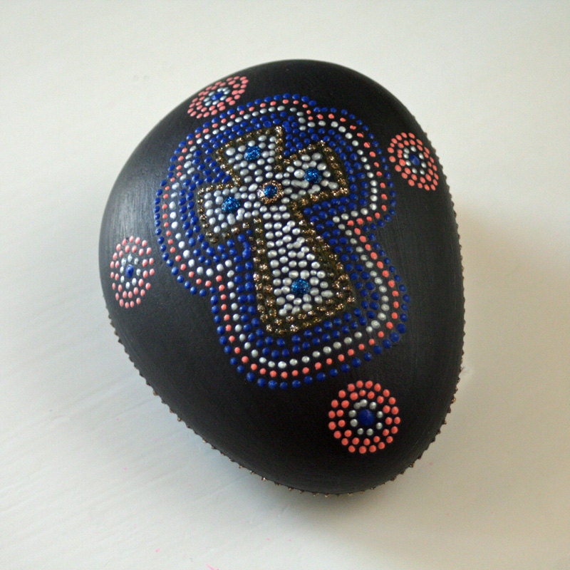 Hand Painted Rock: Ornate Cross Dot