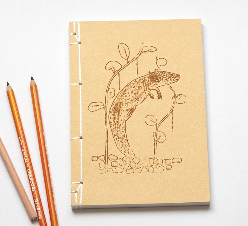 Eco-friendly notebook, hand-printed Axolotyl