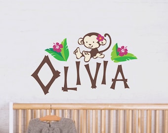 Kids Name Decal, Girls Bamboo Name and Monkey with Hibiscus and Leaves Wall Decal Set, Personalized Childrens Wall Decal