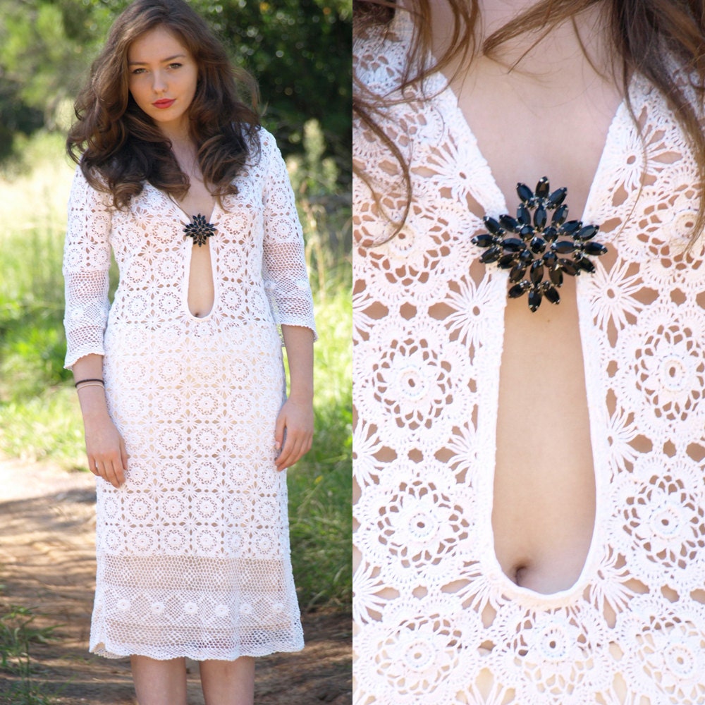 Vintage 60s Jane Birkin cotton crochet lace midi dress S M