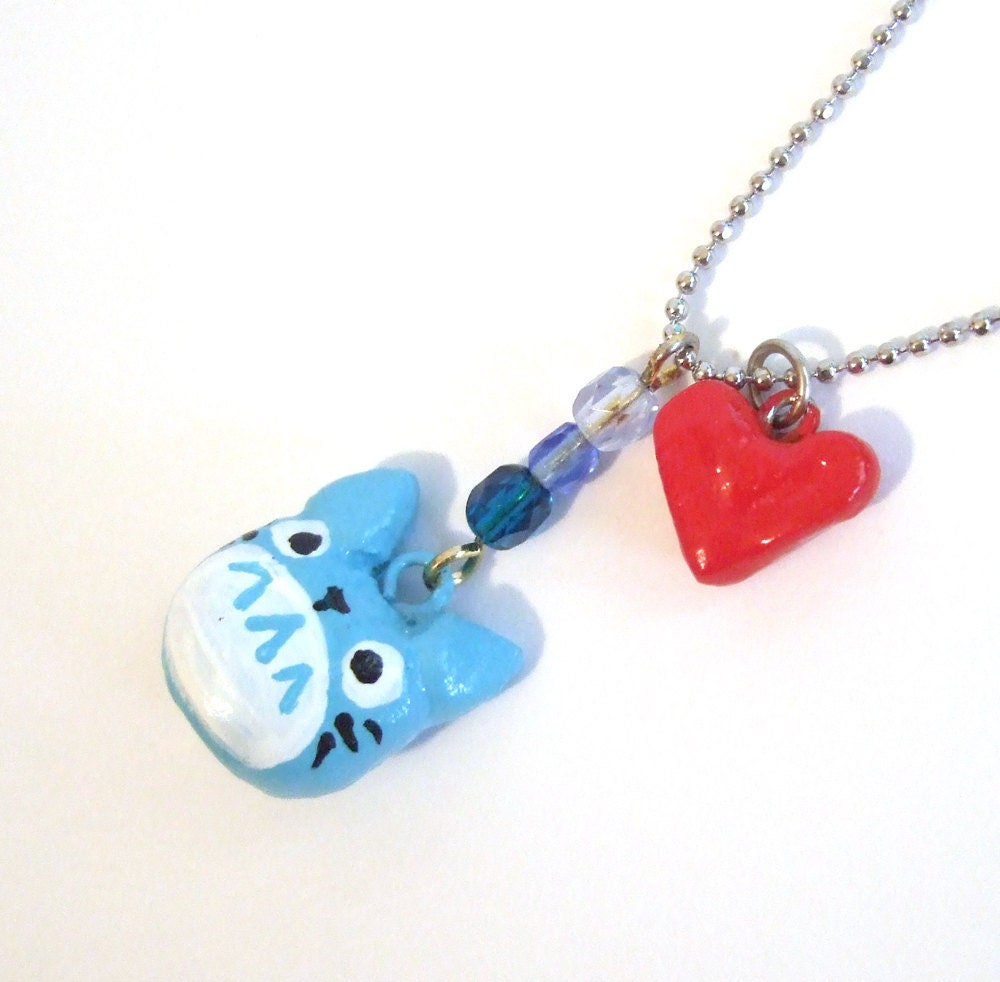 Blue totoro and heart charm necklace