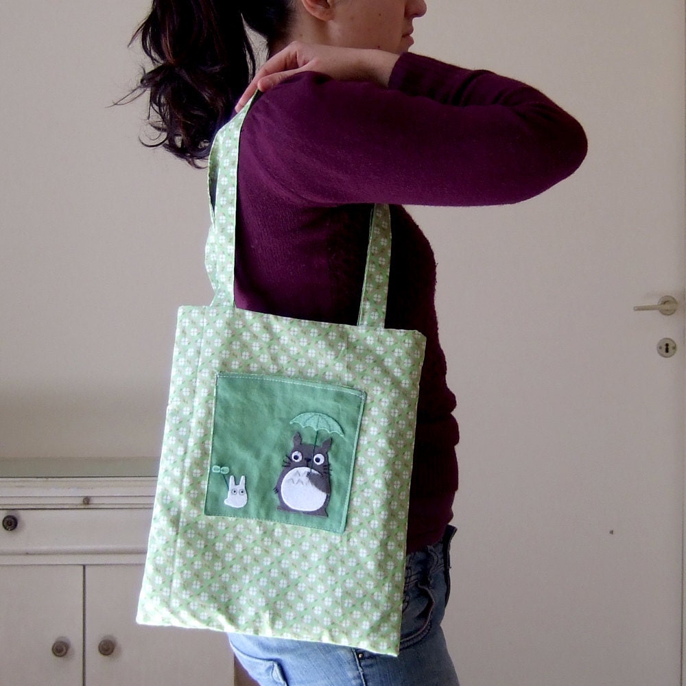 Totoro bag with umbrella pocket with super awesome green retro fabric