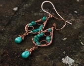 OOAK Hammered copper and turquoise wire wrapped earrings