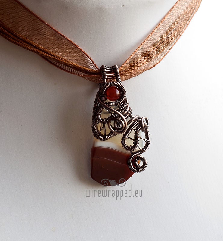 OOAK Wire wrapped red agate and carnelian teardrop pendant