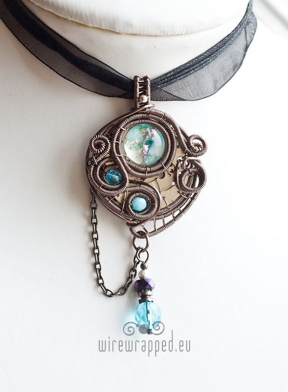 OOAK Steampunk pocket watch and dichroic glass wire wrapped pendant