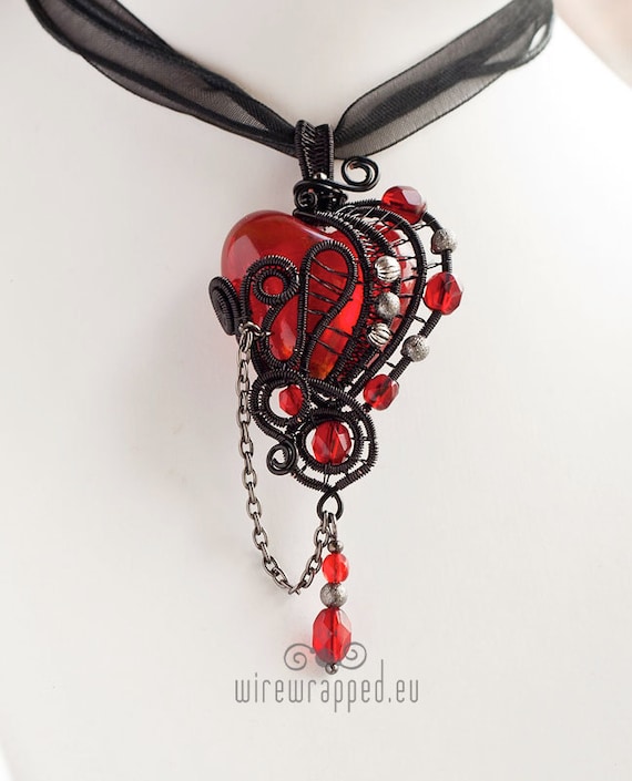 OOAK Red and black gothic heart wire wrapped pendant