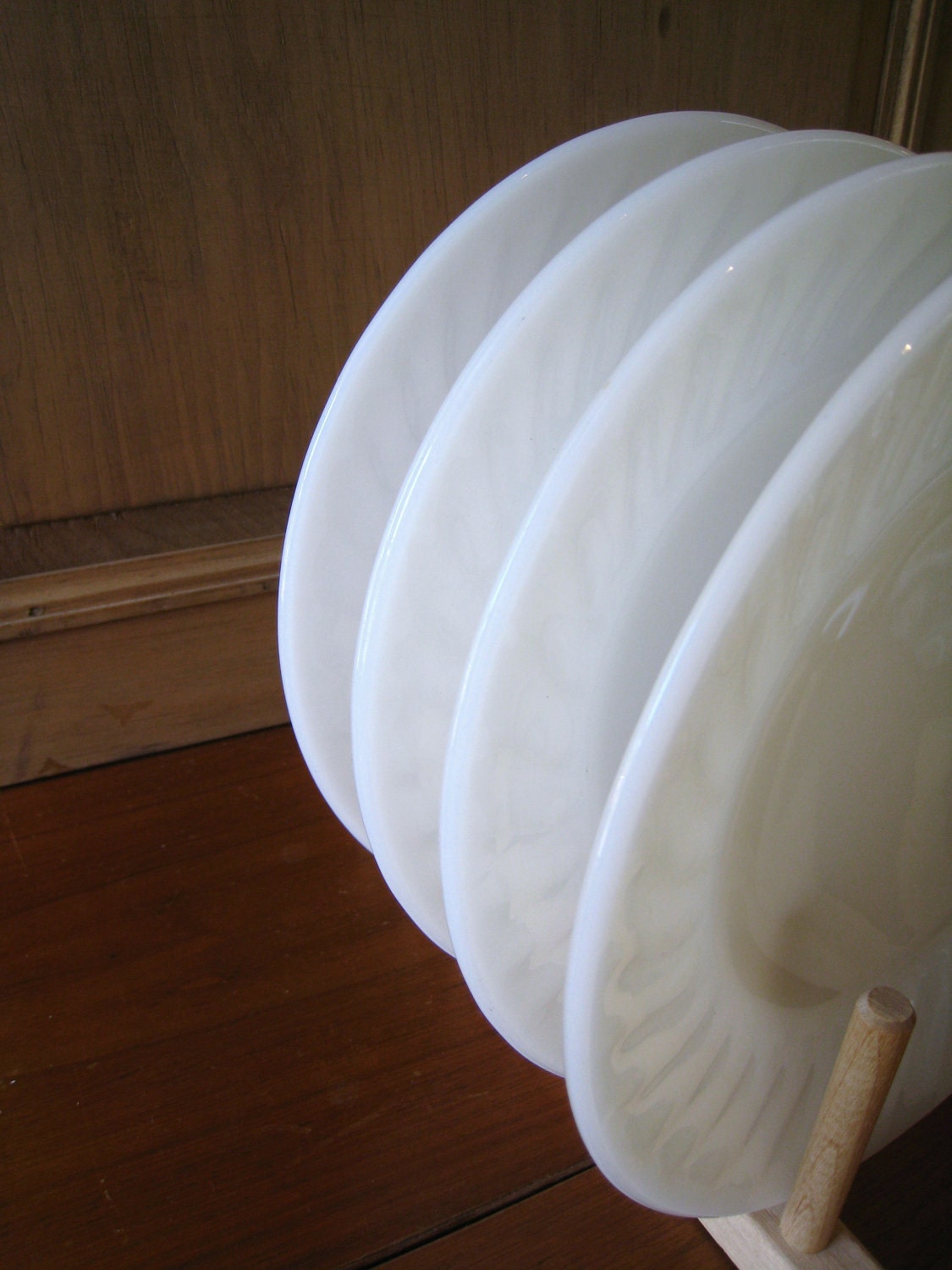 4 Fire King Plates White Swirl Lunch for 4 Madmen Vintage Fabulous