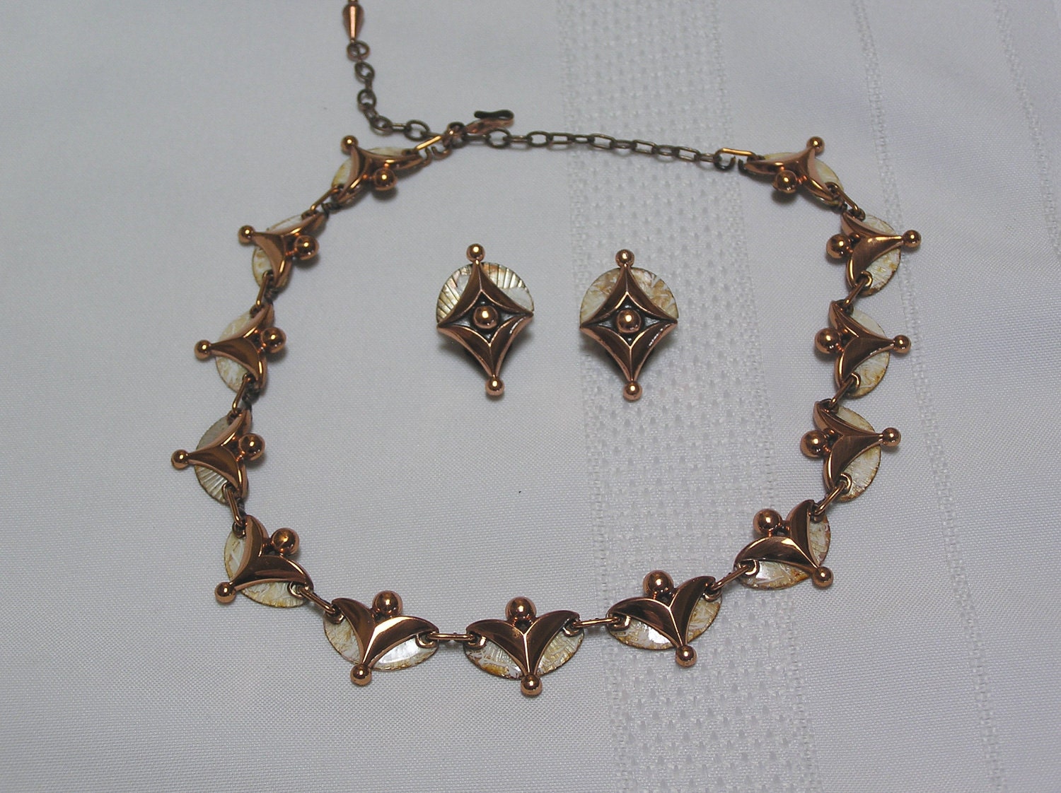 Vintage Matisse Blooming Lily Copper Flower ..Distressed White Enamel...Necklace and Clip Earrings