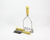 Vintage Kitchen Tool Sunny Yellow Wood Handle Green Stripe Collection Potato Masher Vegetable Cutter Can Opener - BridgewoodVintage