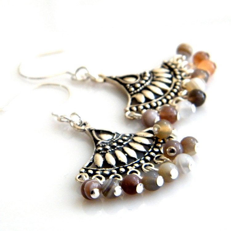 Sterling Silver Fan Shape and Botswana Agate Chandelier Earrings