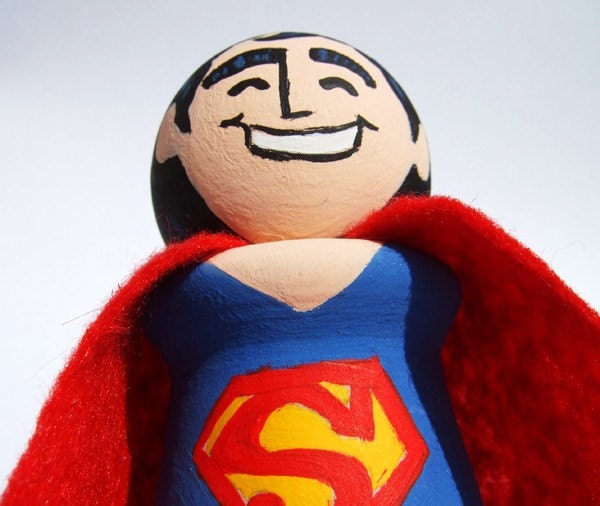 Superman Handmade Wood Figure Art Toy Collectible Superhero Cake Topper - READY TO SHIP
